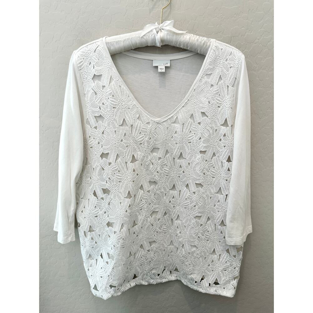J. JILL | White Floral Lace Overlay Crochet Front Boho Blouse Top | Large